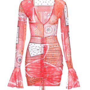 Sheer Bandana Print Mini Long Sleeve Ruched Dress XS